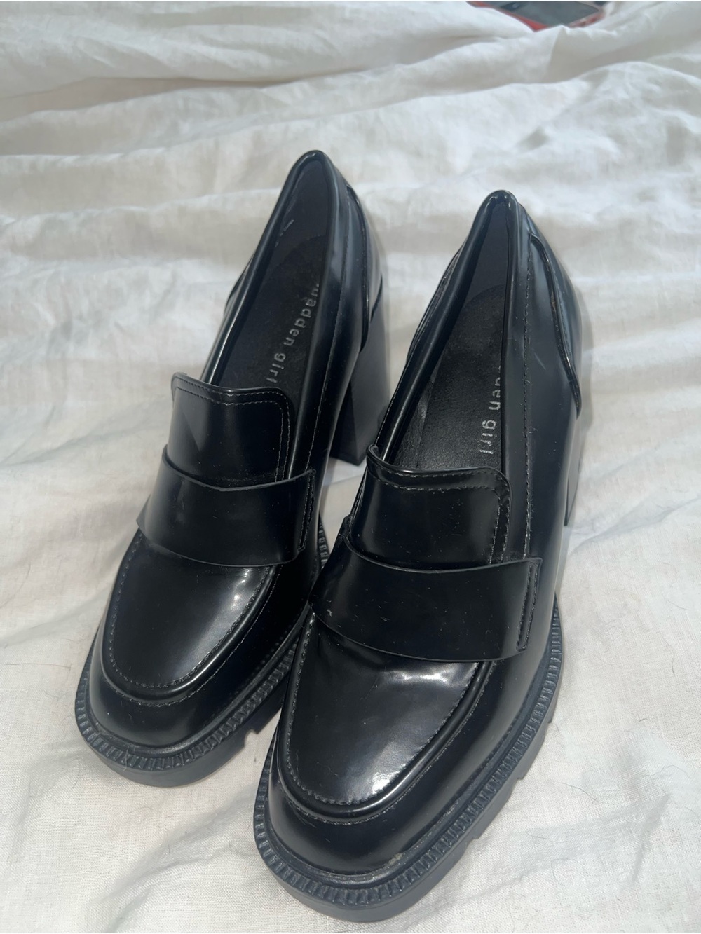 Madden Girl Black Patent Block Heel Loafers